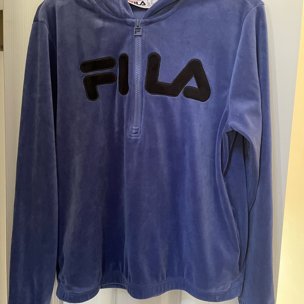FILA Men's Blue Velour Hoodie Quarter Zip Size M Athletic